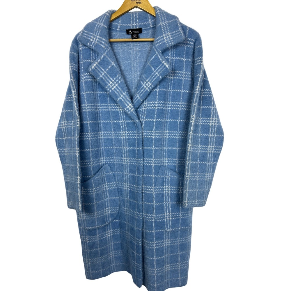 Alison Sheri Soft Blue Plaid Eyelash Knit Coatigan Longline Cardigan Medium